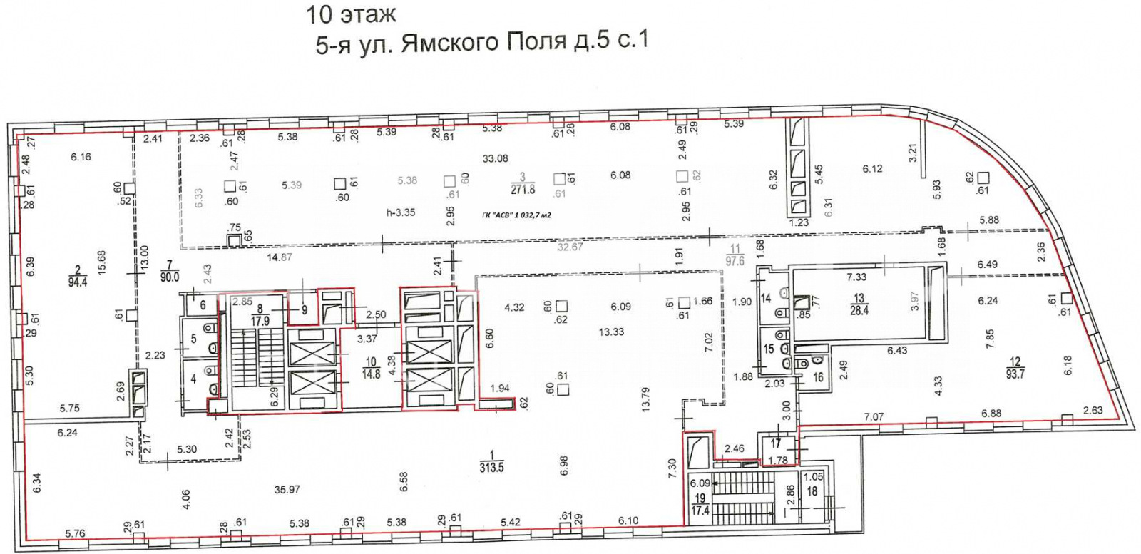 Планировка офиса 1032.7 м², 10 этаж, БЦ «Ямское Плаза»